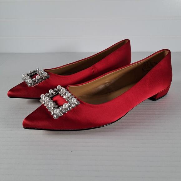 J Crew Embellished Flats Womens 6 Red Satin Pointed Toe Slip On Holiday Classic - Picture 3 of 12
